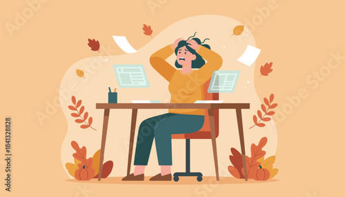 Woman stressed by work pressure and deadlines in an autumn office setting
