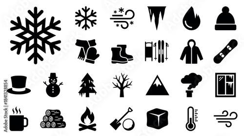 Large set of black winter themed glyph icons representing weather, clothing, nature, and holiday activities in a minimalist vector illustration style