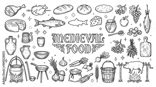 Hand-drawn set of medieval food and drink illustrations in a vintage engraving style, including roasted pig, chicken, fish, bread, cheese, vegetables, and rustic tavern mugs