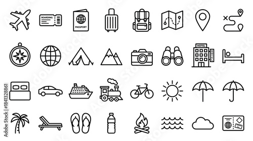 Large set of black travel icons for tourism and vacation includes airplane, passport, luggage, map, and hotel symbols in a minimalist outline art style