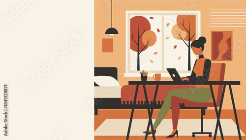 Remote working woman using laptop at a modern desk in a cozy apartment during autumn