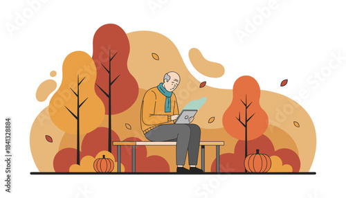 Elderly man using a digital tablet on a park bench in an autumnal setting Senior technology use