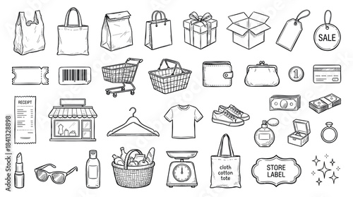 Large set of hand-drawn shopping icons including retail items like clothes, groceries, payment methods, and packaging in a black and white outline sketch style