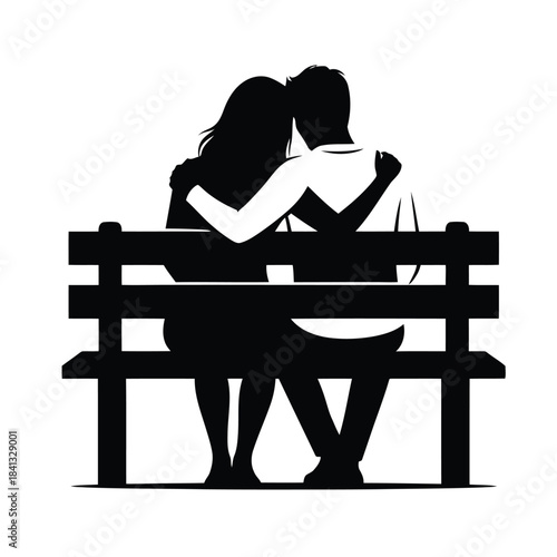 romantic couple sitting on bench touching shoulders