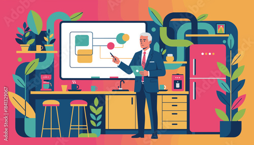 Senior executive giving a presentation in a modern colorful hybrid kitchen office