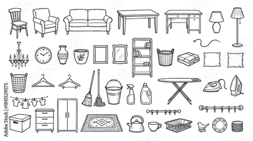 Hand-drawn black and white doodle collection of household furniture and home accessories, including a sofa, chair, table, lamp, and cleaning supplies in a simple sketch style