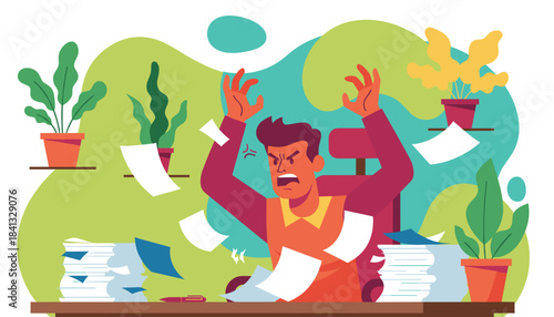 Overwhelmed angry worker shouting at messy desk surrounded by flying papers and stress