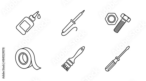 Six minimalist outline icons of DIY tools and supplies including a glue bottle, soldering iron, nut and bolt, adhesive tape, paintbrush, and a flathead screwdriver