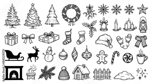 Large collection of hand-drawn Christmas icons featuring festive winter holiday symbols like a tree, gifts, snowman, and reindeer in a black and white doodle sketch style illustration