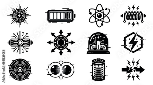 Set of black energy and power icons featuring batteries, atoms, circuits, and lightning bolts, rendered in a modern, flat silhouette style for science and technology concepts