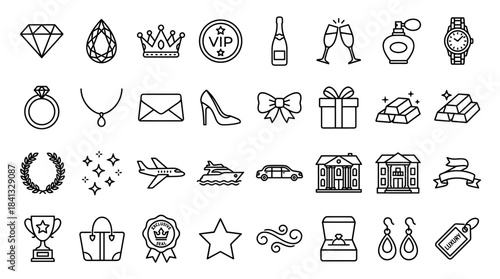 Large set of black line icons representing luxury, wealth, and VIP status, featuring a diamond, crown, champagne, yacht, and mansion for premium design concepts