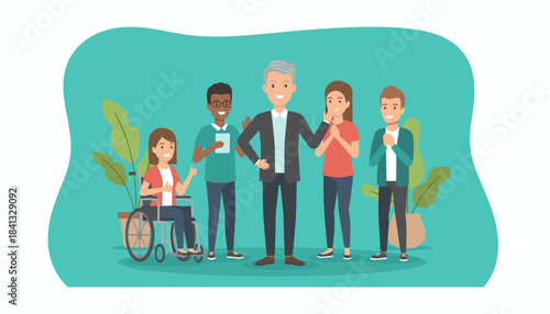 Diverse team collaboration with senior leader promoting inclusion and equality in the workplace