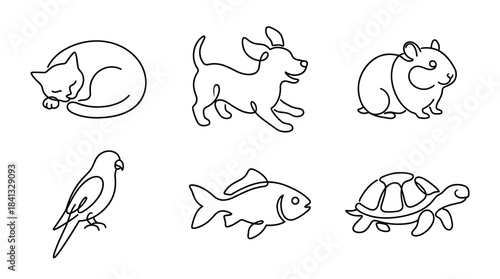 Set of six minimalist pet icons drawn in a simple continuous line art style, featuring a cat, dog, hamster, parrot, fish, and turtle in a charming character collection