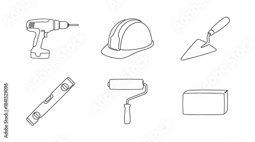 Set of six construction tool line drawings including a drill, hard hat, trowel, level, paint roller, and brick, illustrated in a simple black and white minimalist style