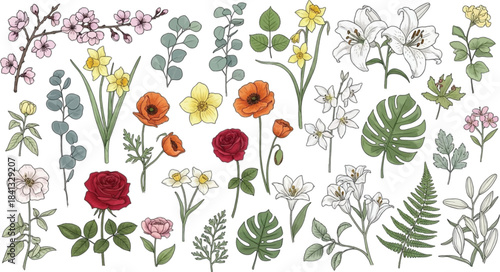 Spring flower doodle set with various blooming plants leaves and branches ideal for seasonal greetings wedding invitations stationery fabric prints