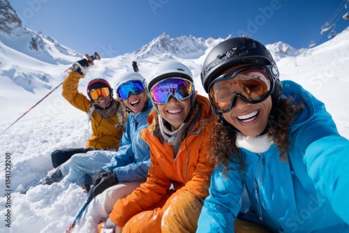 Group of diverse adults enjoying snowy mountain ski adventure