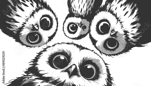 wide-eyed owls peeking downward with expressive faces sketch engraving generative ai vector illustration. Scratch board imitation. Black and white image.