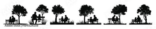  dad and daughter sitting on bench under garden tree