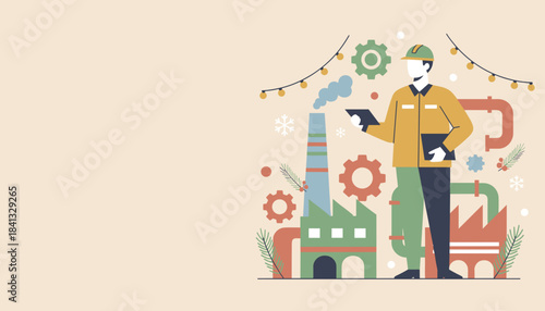 Industrial worker illustration with factory gears and winter holiday decor