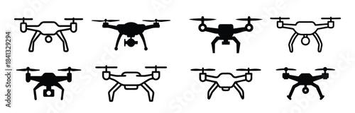 Drone Silhouette - Black Vector Quadcopter Icon with Camera