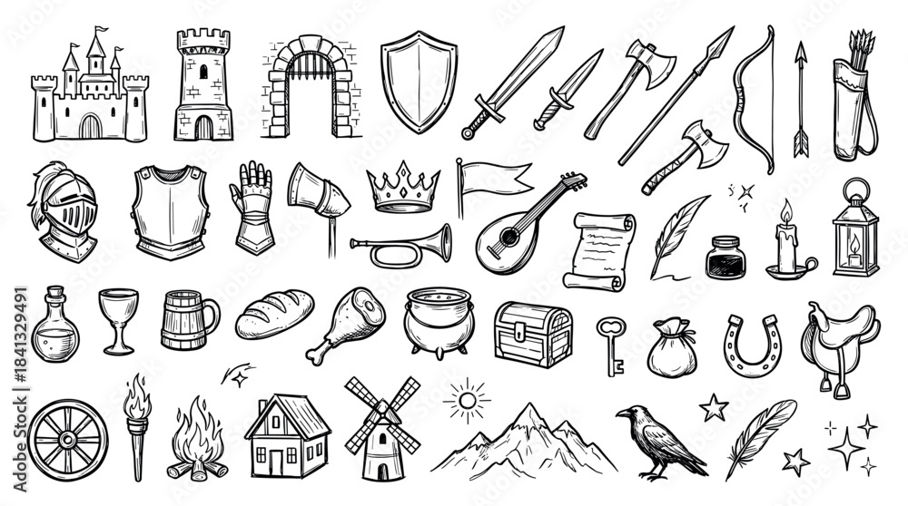 Fototapeta premium Hand-drawn medieval fantasy icon set collection showing a castle, knight armor, weapons, and various historical objects in a black and white doodle sketch style illustration