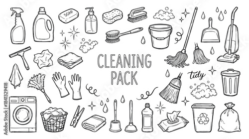 Hand-drawn set of cleaning service icons and household chore elements in a black and white doodle style, featuring a mop, bucket, detergent, gloves, and a vacuum cleaner