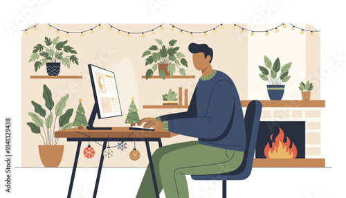 Man working from a festive home office with Christmas decor fairy lights and a fireplace Remote work concept