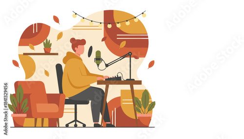 Person recording a podcast in a cozy home studio with autumn decor and audio equipment