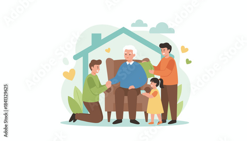 Multigenerational family caring for senior grandfather at home Love support elderly welfare illustration