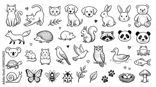 Large collection of hand-drawn animal doodles featuring a cat, dog, fox, bear, panda, and other cute forest creatures in a charming black and white line art illustration style
