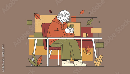 Casual person enjoys texting on a phone while sitting at a desk in fall colors Relaxation and tech