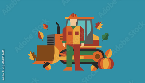 Flat illustration of a construction worker standing by a bulldozer surrounded by autumn leaves and a pumpkin