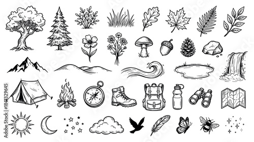 Collection of black and white doodle icons representing nature, camping, and outdoor adventure, featuring a tent, campfire, mountain, forest trees, compass, and wildlife elements