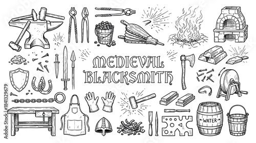 Hand-drawn collection of medieval blacksmith tools and equipment featuring an anvil, hammer, tongs, forge, sword, shield, and armor in a vintage sketch illustration style