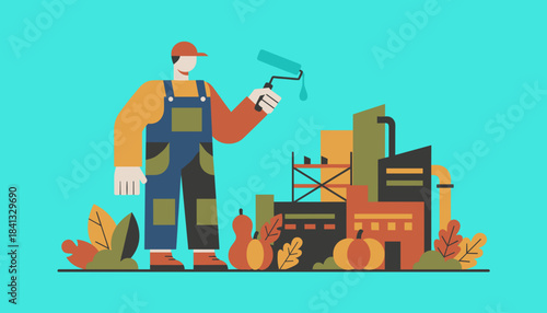 Maintenance worker with paint roller near a factory structure representing industry and renovation