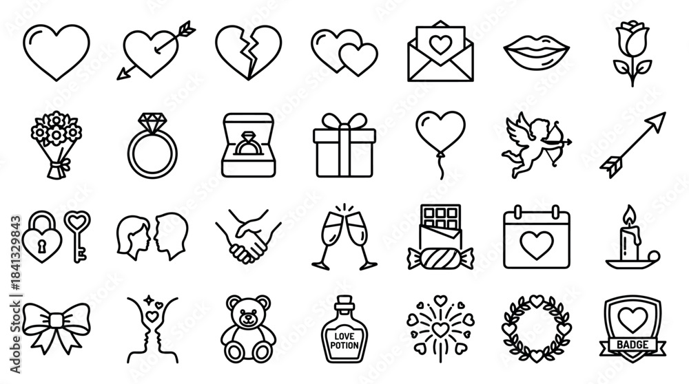 Fototapeta premium Set of minimalist black outline icons for love and romance, featuring various symbols like hearts, a diamond ring, Cupid, a gift box, a love letter, and a teddy bear