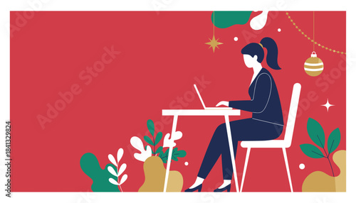 Businesswoman working on laptop during holidays Remote work or freelance concept with festive background