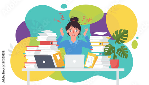 Stressed worker overwhelmed by huge piles of paperwork suffering burnout and anxiety from deadlines