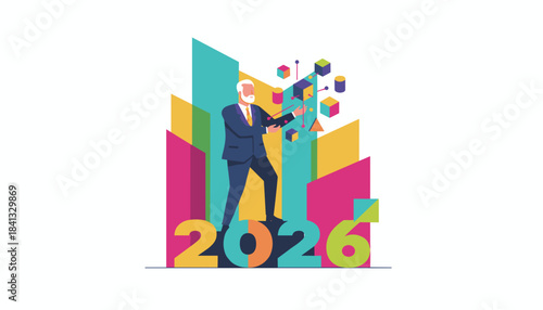 Senior executive managing data and innovation for business growth in 2026 Colorful vector illustration