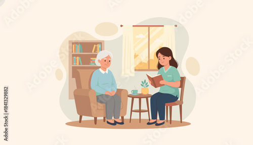 Young caregiver reads to a smiling elderly woman at home Senior care companionship retirement lifestyle