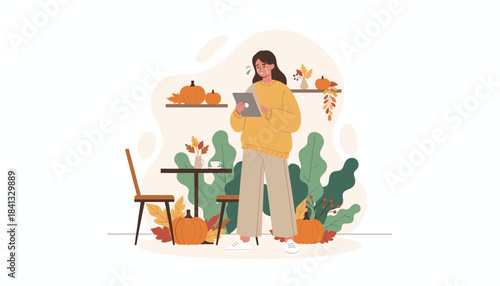Crying woman reads bad news on a tablet in a falldecorated setting feeling sadness or stress