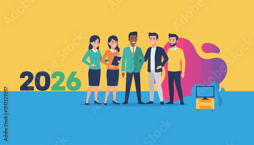 Business team and 2026 concept illustration Corporate planning future vision and diverse partnership