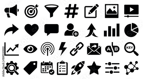 Comprehensive collection of black solid icons representing digital marketing concepts like SEO, social media engagement, data analysis, content strategy, and business growth