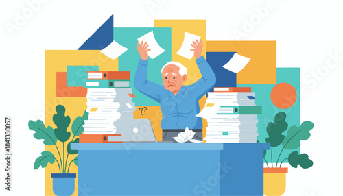 Senior businessman overwhelmed by paperwork and documents illustrating stress deadlines and burnout