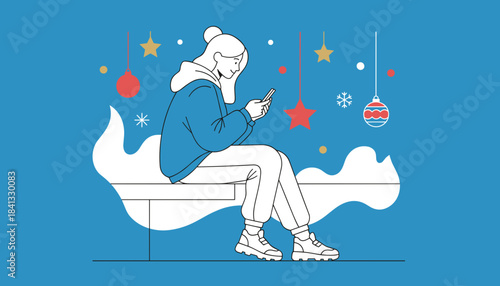 Cozy young woman uses a smartphone surrounded by winter and holiday decorations