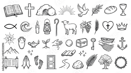 Large set of hand-drawn Christian symbols in a black and white doodle sketch style illustrating various biblical concepts like faith, resurrection, and salvation