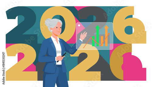 Senior businesswoman showing 2026 success forecast on a holographic screen Business planning