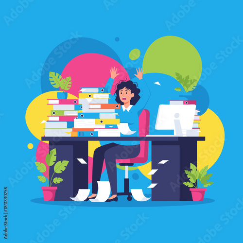 Stressed businesswoman overwhelmed by huge paperwork workload and files in the office