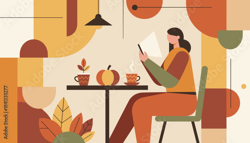 Woman enjoys coffee break in a cozy autumn cafe surrounded by fall colors reading a document