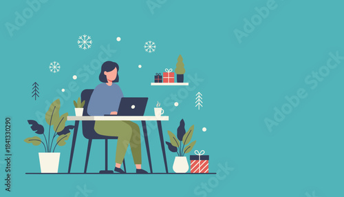 Remote worker using laptop at a festive winter desk with gifts and snowflakes Business concept